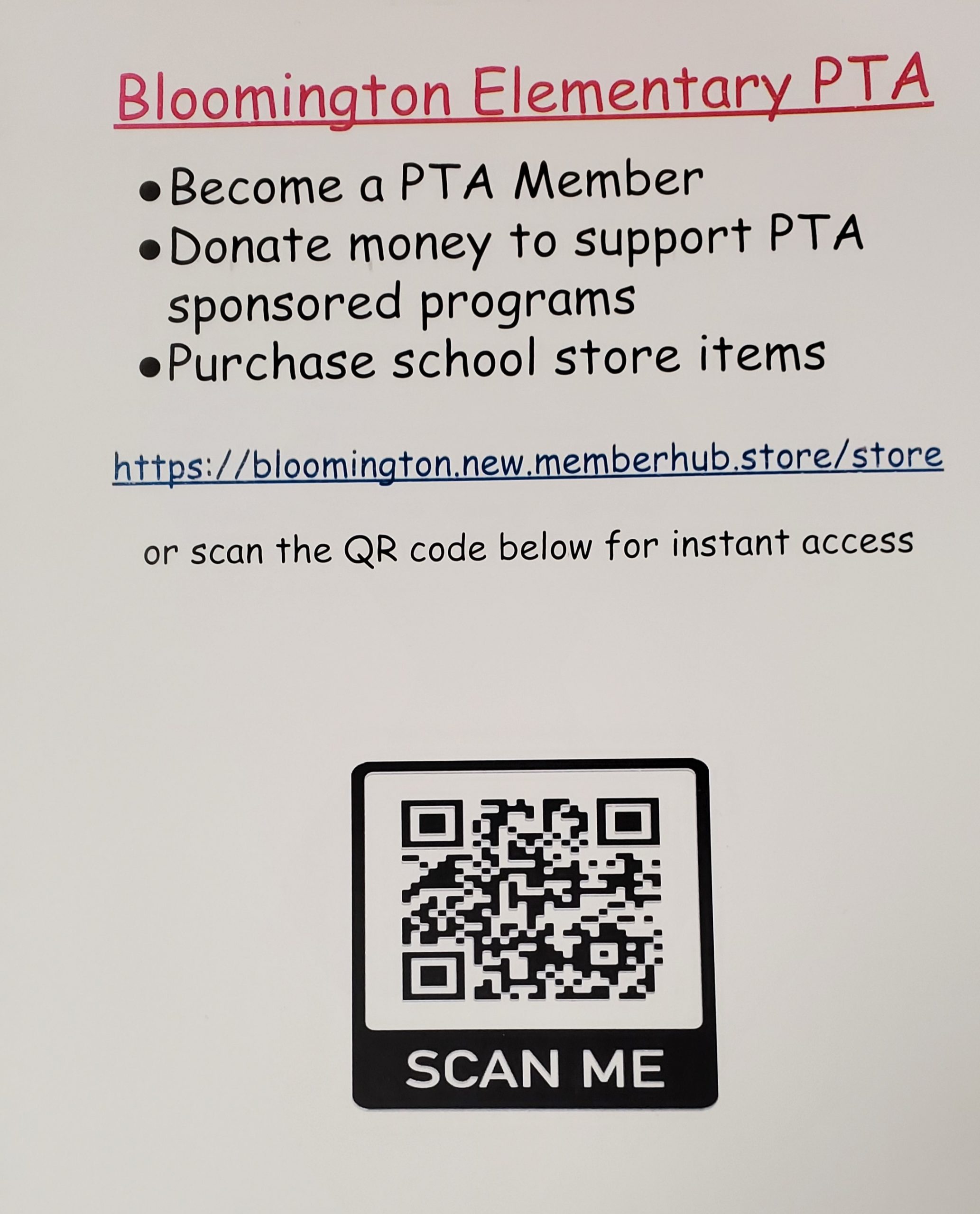 QR code flyer with PTA information about joining and buying shirts. 